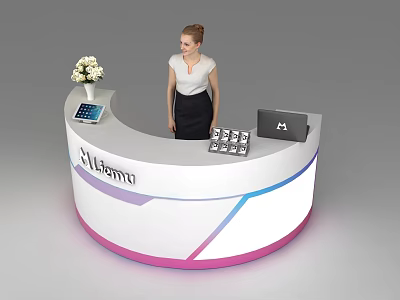 Modern Curved Reception Desk With White Pink Blue Gradient Design Tablet Laptop Flower And Receptionist 3d model