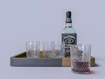 Jack Daniel's Whiskey Bottle with Etched Drinking Glasses on Gray Tray and Red Liquid 3d model