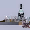 Jack Daniel's Whiskey Bottle with Etched Drinking Glasses on Gray Tray and Red Liquid