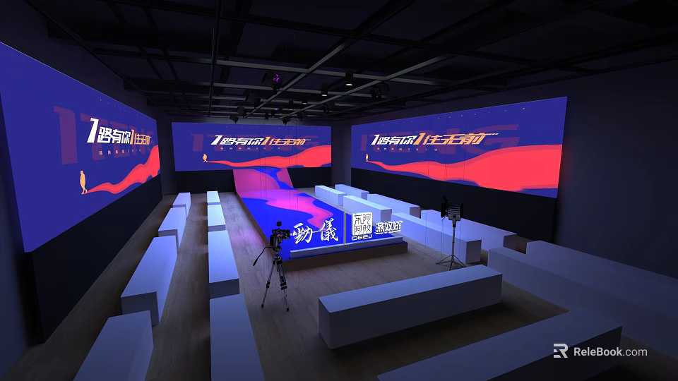 Contemporary Event Space With Large Branded Screens Stage And Seats 3d model 