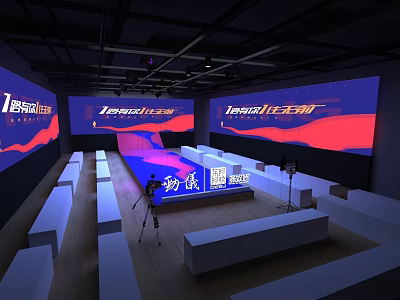 Contemporary Event Space With Large Branded Screens Stage And Seats 3d model