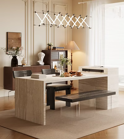 Elegant Modern Restaurant Interior With Marble Dining Table Wooden Chairs Pendant Lights And Decorative Plants 3d model