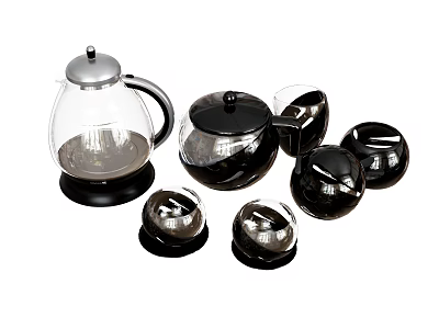 Glass Tea Set With Transparent Teapot Black Base And Matching Cups 3d model