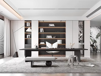 Modern Study Room Interior Design With Built-in Bookshelves Wooden Desk And Floor Lamp 3d model