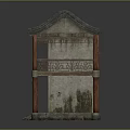 Ancient Two Story Building With Tiled Roof Wooden Pillars Red Decorated Doors Windows And Staircase