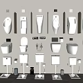 Various Modern Toilet Designs Displayed on Wall and Floor in Bathroom Fixture Collection