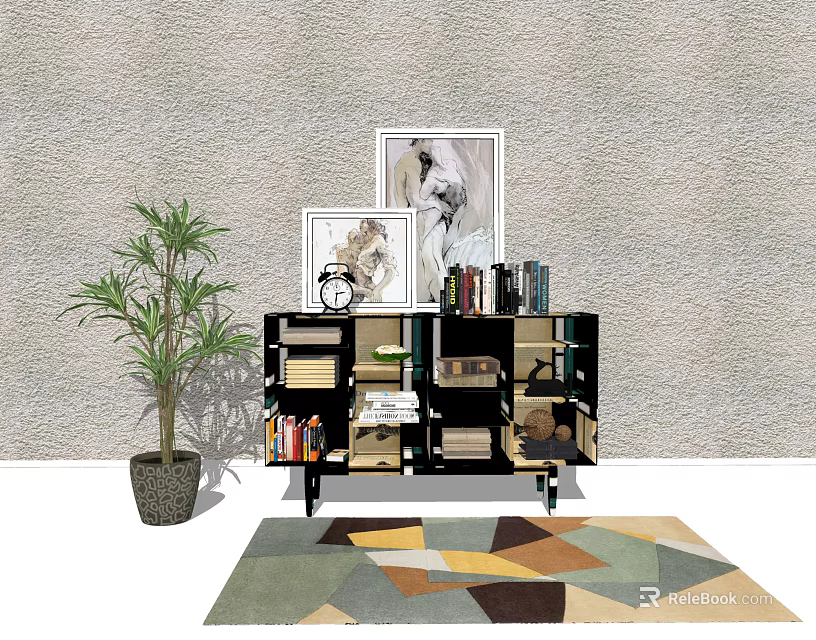 Modern Entryway Cabinet And Sideboard With Framed Artwork Potted Plant And Geometric Rug 3d model 