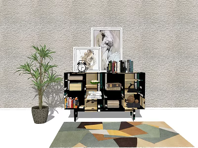 Modern Entryway Cabinet And Sideboard With Framed Artwork Potted Plant And Geometric Rug 3d model