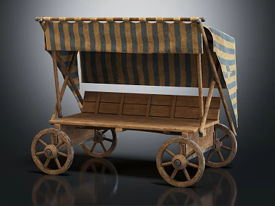 Antique Wooden Cart With Striped Canopy And Large Wooden Wheels Design 3d model