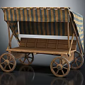 Antique Wooden Cart With Striped Canopy And Large Wooden Wheels Design
