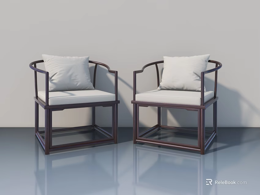 Two Traditional Chinese Chairs With Dark Wood Frames And White Cushions On Shiny Floor 3d model 