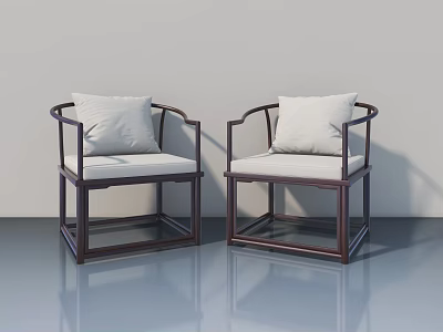Two Traditional Chinese Chairs With Dark Wood Frames And White Cushions On Shiny Floor 3d model