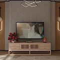 Wooden TV Stand With TV Flowers Decorative Items Modern Lighting And Textured Living Room Wall