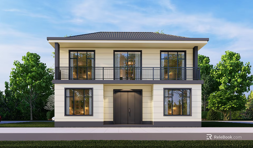 Modern Two Story Detached Villa With Large Glass Windows Black Roof And White Walls 3d model 