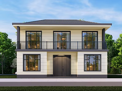 Modern Two Story Detached Villa With Large Glass Windows Black Roof And White Walls 3d model