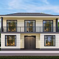 Modern Two Story Detached Villa With Large Glass Windows Black Roof And White Walls