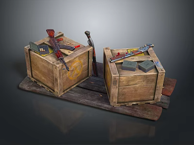 Weapons Including Guns And Knives Stored In Wooden Crates On Wooden Pallet 3d model