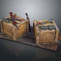 Weapons Including Guns And Knives Stored In Wooden Crates On Wooden Pallet