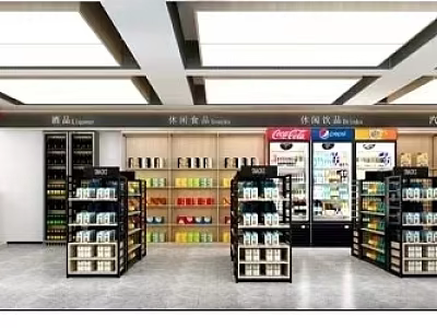 Supermarket Grocery Store Interior With Shelves Displaying Snacks Beverages And Organized Products Near Refrigerator 3d model