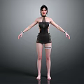 Stylish Woman In Black Mesh Bodysuit With Wristbands And Ankle Strap Standing Barefoot