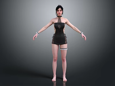 Stylish Woman In Black Mesh Bodysuit With Wristbands And Ankle Strap Standing Barefoot 3d model