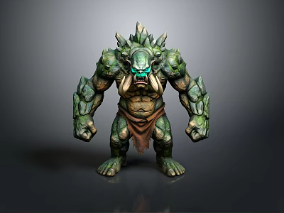 Green Rock Spiked Monster Character With Fanged Face Blue Eyes And Muscular Build 3d model