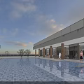 Modern Swimming Pool with Glass Railings People Poolside Dusk Sky and Water Reflections