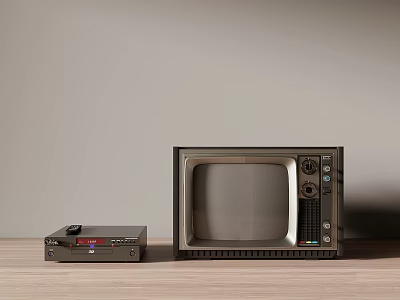 Vintage TV And VCR Player On Wooden Table With Gray Background 3d model