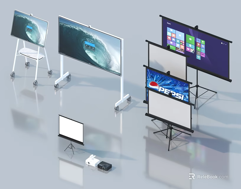 Projection Monitoring Equipment Setup With Various Projection Screens And Projector Devices 3d model 