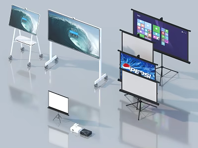 Projection Monitoring Equipment Setup With Various Projection Screens And Projector Devices 3d model