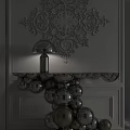 Elegant Console Table with Silver Lamp and Sphere Base Against Carved Wall Decor 3d model