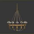 Golden Chandelier With Multiple White Lampshades And Elegant Metal Structure