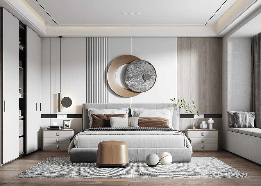 Modern Bedroom Interior With Circular Wall Art Bed Nightstands Potted Plant And Neutral Rug 3d model 