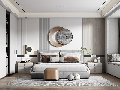 Modern Bedroom Interior With Circular Wall Art Bed Nightstands Potted Plant And Neutral Rug 3d model