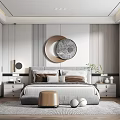 Modern Bedroom Interior With Circular Wall Art Bed Nightstands Potted Plant And Neutral Rug