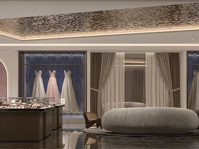 Bridal Shop Interior Design With Wedding Dresses Display Elegant Jewelry Counter And Comfortable Sofa Seating 3d model