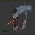 Cat Eared Character With Ice Wolf Spirit And Fire Effects On Stone Platform