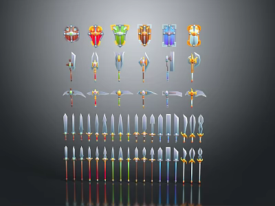 Colorful Fantasy Weapon Collection with Vibrant Designs Including Shields Spears and Swords 3d model