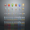 Colorful Fantasy Weapon Collection with Vibrant Designs Including Shields Spears and Swords