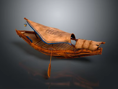 Traditional Wooden Boat With Canvas Awning And Wooden Paddle Hull Structure 3d model