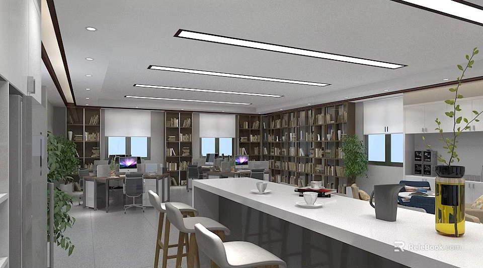 Modern Office Interior With Bookshelves Workstations Long Ceiling Lights Large Windows And Plants 3d model 