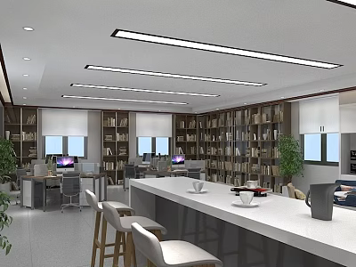 Modern Office Interior With Bookshelves Workstations Long Ceiling Lights Large Windows And Plants 3d model