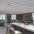Modern Office Interior With Bookshelves Workstations Long Ceiling Lights Large Windows And Plants