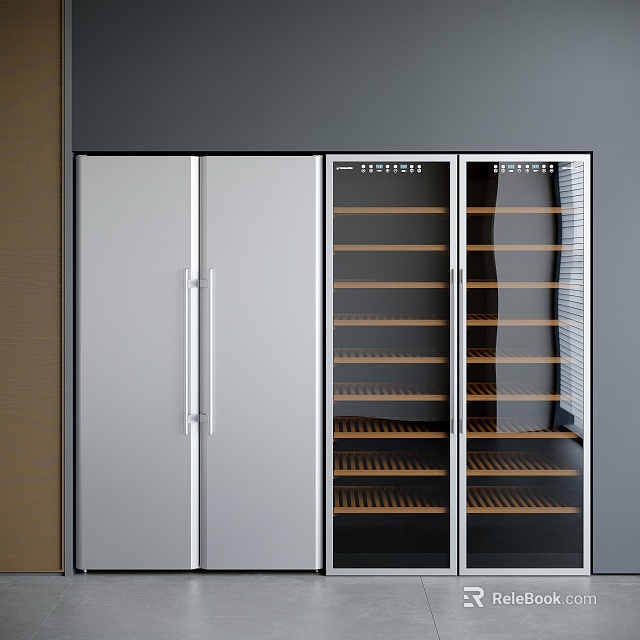Sleek Modern Refrigerator Freezer With Glass Doors And Wooden Shelves In Kitchen Interior 3d model 