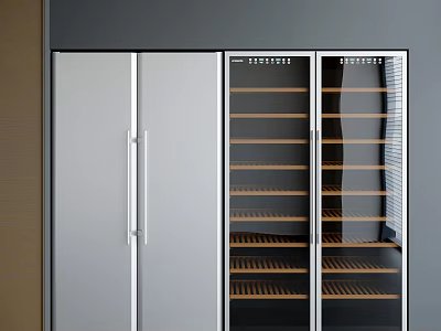 Sleek Modern Refrigerator Freezer With Glass Doors And Wooden Shelves In Kitchen Interior 3d model