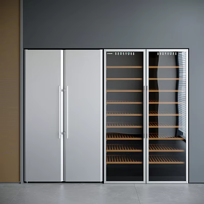 Sleek Modern Refrigerator Freezer With Glass Doors And Wooden Shelves In Kitchen Interior 3d model