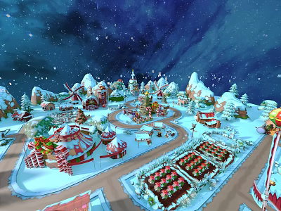 Cartoon Fairy Tale Town Scene With Snowy Candy Houses Windmills And Christmas Trees 3d model