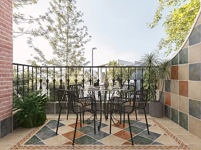 Home Balcony Design With Outdoor Dining Set Colorful Tiled Floor Black Railing And Potted Plants 3d model