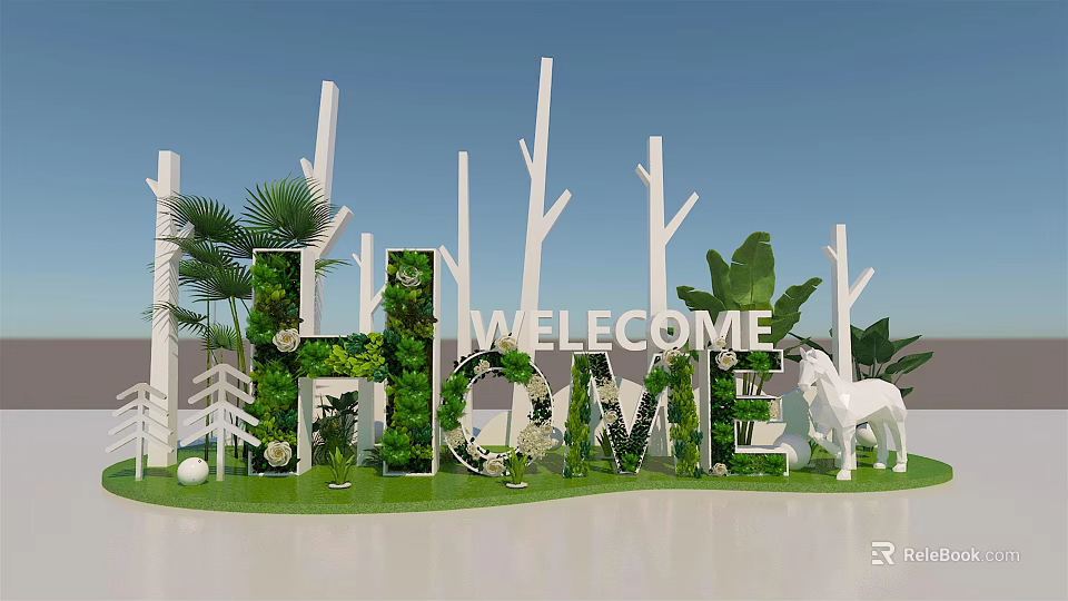 Welcome Home Decorations With White Tree Trunks Greenery And White Horse Statue On Lawn 3d model 