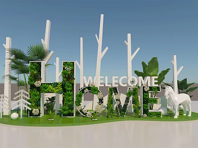 Welcome Home Decorations With White Tree Trunks Greenery And White Horse Statue On Lawn 3d model